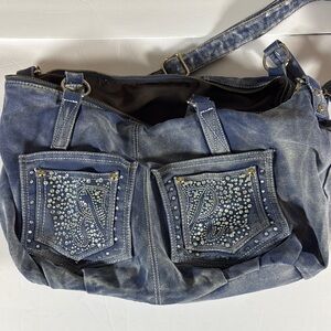 Blue Denim Shoulder Bag with Studded Details